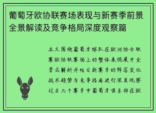 葡萄牙欧协联赛场表现与新赛季前景全景解读及竞争格局深度观察篇